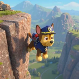 paw patrol construction dog, as nendoroid hanging on the edge of a cliff, jagged sharp rocks, mountains, birds eye view, in the croods movie style, anime, disney, pixar, 8 k, hd, kodak film, volumetric lighting, subsurface scattering, photorealistic, octane render, details, xgen fur