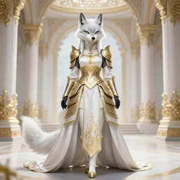 commissioned full body furry portrait of a female anthro wolf-headed princess fursona with white hair wearing a white and gold chinese armored dress in a white and gold palace, by Wlop and jerry park, artstation, extremely detailed