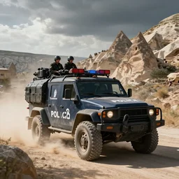 a militarized police vehicle riding through cappadocia, action scene, an epic fantasy, dramatic lighting, cinematic, establishing shot, extremely high detail, photorealistic, cinematic lighting, artstation, matte painting, octane render, by simon stalenhag, horizon forbidden west