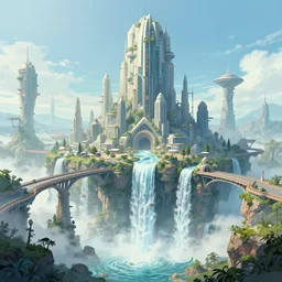 A beautiful illustration of a futuristic city of towers and bridges built on an alien world of waterfalls by Robert McCall and Ralph McQuarrier | sparth:.2 | Time white:.2 | Rodney Matthews:.2 | Graphic Novel, Visual Novel, Colored Pencil, Comic Book:.6 | unreal engine:.3 | | viewed from below | establishing shot:.7