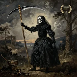 death dressed in black and with a scythe painted by hieronymus bosch,