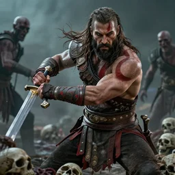 film still from god of war, a highly detailed beautiful closeup photo of jason momoa kratos with long windblown wet hair holding a sword and fighting zombies on a pile of human skulls, spartan warrior, olympian god, muscular!,, action pose, ambient lighting, volumetric lighting, octane, fantasy