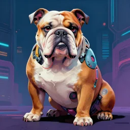 « a comic styled painting of a cyborg bulldog sitting down, cyberpunk digital art by greg rutkowsky, illustration, colourful, sharp focus, highly detailed, future tech, sketchfab »