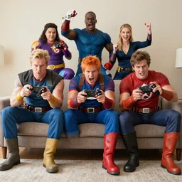 the avengers sitting on a sofa playing super smash brothers, gaming super heros, realistic photo, 4 k