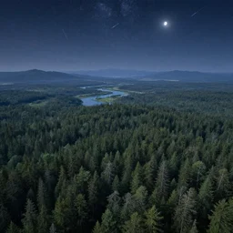 beautiful fantasy landscape, distant forest, distant mountains, river, night, stars, shooting stars, moon, by james gurney, by noah bradley, by frederic edwin church, aerial perspective, concept art, matte painting, intricate, hyper detailed, volumetric lighting, sharp focus, octane render, trending on artstation, 8 k