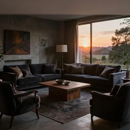 sunset in a tastefully decorated living room with dark luxurious furnishings, and a mix of antique and modern furniture, and a mix of concrete and wood finishes, soft focus cinematic still, dark dreamy sunset dappled light by maxfield parrish
