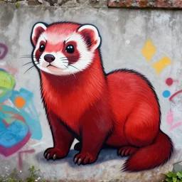 graffiti tag of a friendshaped furry fandom ferret / weasel / stoat, red and black, smoke cloud backing on a brick wall