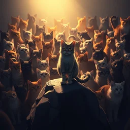 cat standing on a rock in front of a crowd of cats, dramatic, backlighting, trending on artstation, digital art, trending on furaffinity, by kawacy
