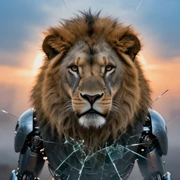 symmetry closeup portrait of a cyborg lion, shattered glass, cinematic light, backlight, orange sky blue, misty, mecha, by mikhail vrubel, by philippe druillet, by peter elson, by gerald brom, muted colors, ( extreme detail ), trending on artstation, 8 k