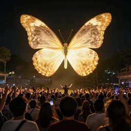 a giant glowing butterfly is seen above the crowd, by craig mullins