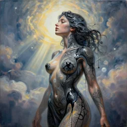 female body melting liquid acrylic painting abstract in glass and black latex fluid, hypperrealistic, bokeh, long exposure, close up portrait, epic light, clouds, god rays, heaven, art noveau, artistic sketch, voronoi pattern, film still, body painting and tattoo,