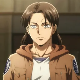 portrait of a man in his late twenties with long light brown hair tied back, a widows peak and a round face wearing a hoody, in the style of attack on titan, digital art