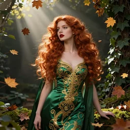 portrait of a red haired woman wearing a green satin dress with fine gold filigree, autumn leaves falling, dramatic volumetric lighting, god rays, global illumination, soft, sharp focus, ivy, intricate, elegant, masterpiece, moss, trending on artstation, art nouveau, art by artgerm and greg rutkowski and alphonse mucha