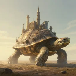 buildings on the shell of a giant steampunk turtle, wandering the empty plains at dawn, ethereal fantasy art by greg rutkowski