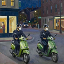 oil on canvas, painting from edward hopper, in the style of nighthawks, lime scooters on the street, wearing ffp 2!!!