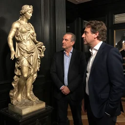 Carlo Calenda visiting and admiring a statue in the black lodge