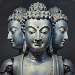 perfectly centered and symmetrical portrait of a 3 faced biomechanical robot buddha, intense stare, sarcastic smile, volumetric lighting, volumetric shadows, realistic oil painting by greg rutkowski,