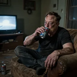 full distant shot of sad bald poor dirty elon musk drinking a can of beer in the couch while watching tv in a dirty house, very realistic photograph, cinematic lighting, dardenne brothers