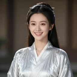 portrait of a young woman in silver robe with a radiant smile, fine art