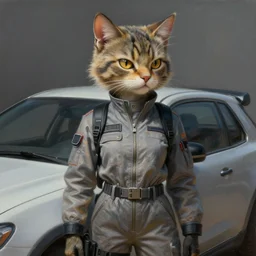 epic professional digital art of female human - cat hybrid fursona wearing air force jumpsuit, humanoid car head, cat ears, painting, by leesha hannigan, iris van herpen, artstation, cgsociety, wlop, epic, much wow, much detail, gorgeous, detailed, cinematic, masterpiece