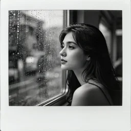 greyscale analog polaroid portrait photograph of a beautiful young woman looking out of a rainy window, depth of field, bokeh, filmgrain, folded photo, foldlines