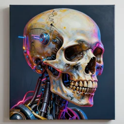 portrait of basquiat skull mechanical hydraulics neon highlights painting, intricate details, 3 d, octane 8 k