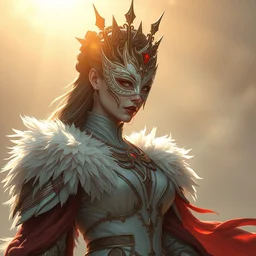 art by artgerm and greg rutkowski and ruan jia. a lonely elegant and grace female boss in elden ring. magic card art. sunny. rim light!! renaissance noble costume, masked!! feathers, sharp edges, stage light. shining crown, sense of awe. delicate features. white, red. ultra realistic. ultra clear detailed