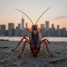 giant cockroach, newyork, land of doom, sunset in background, muted colours, breathtaking, sharp focus, smooth, greg rutkowski, highly detailed 4 k art