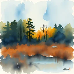 small centered on watercolor paper, paint brush strokes, abstract watercolor painting of diamond night at swedish bog, spring and autumn, sharp daylight, cinematic light, american romanticism by hans dahl, by jesper ejsing, by anders zorn, by greg rutkowski, by greg manchess, by tyler edlin