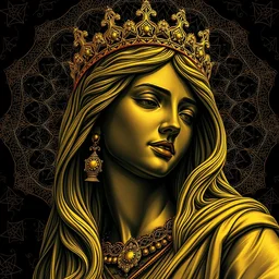 detailed fairuz golden statue, by james gurney + intricate and vibrant gold line work + tarot card + mandelbulb fractal + full of black layers + portrait + trending on artstation + incredible gold and black gothic illustration + exquisite detail