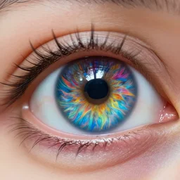 human eye with the lense reflecting a heavily psychadelic universe, hypermaximalist, lifelike, incredible detail