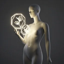 beautiful mannequin sculpted by billelis + lit with 3 d geometric neon, holding geometric neon cubed hosta flowers!!!, transcendent, rule of thirds, clean linework, dramatic, award winning, confident, moody, 4 k, trending on artstation, photorealistic, volumetric lighting, octane render