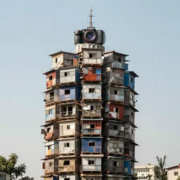 a tower made up of makeshift squatter shacks, dystopia, sony a 7 r 3, f 1 1, fully frontal view, photographed by david lachapelle and jeanette hagglund, ultra detailed,