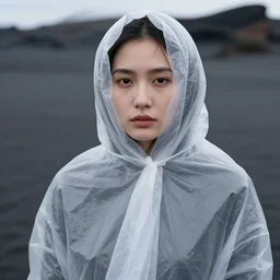 closeup portrait of a woman wrapped in a plastic cloak, standing in a volcanic black sand beach, color photograph, by vincent desiderio, canon eos c 3 0 0, ƒ 1. 8, 3 5 mm, 8 k, medium - format print