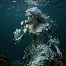 A 18th century, messy, silver haired, (((mad))) elf princess, dressed in a ((ragged)), wedding dress, is ((drinking a cup of tea)). Everything is underwater and floating. Greenish blue tones, theatrical, (((underwater lights))), high contrasts,  fantasyconcept art, inspired by John Everett Millais's Ophelia