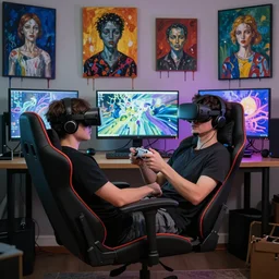 a cosplay model reclines in a gaming computer chair wearing a vr headset and headphones holding a game controller, in a domestic interior filled with screens by james jean and luc tuymans and beeple and hernan bas and pat steir and hilma af klint, psychological, 3 d, dripping paint, high quality render, masterpiece