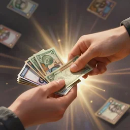 Closeup shot of scifi money being handed from one person to another, magic the gathering, digital painting, card game illustration