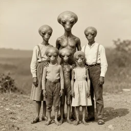 vintage photograph of an alien family, full body, sepia