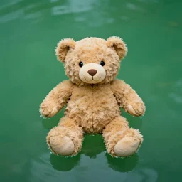 teddy bear floating in green water, somber