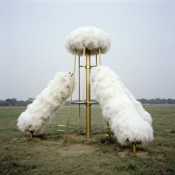 realistic documentary landscape photo a big white fluffy hairy ancient playground made of brass, in a grass field, neutral colors, 1 9 9 0, life magazine reportage photo