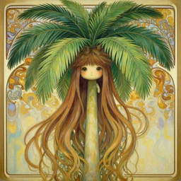 an hyper intricate oil painting of an human like cute palm tree!!!!!, hyper detailed hair flowing down, excellent composition, by yoshitaka amano, by greg rutkowski, by alphonse mucha, by rhads, by ross tran, trending on artstation
