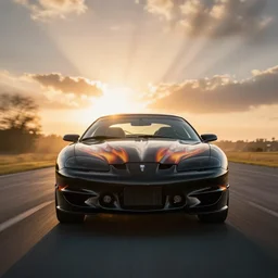 black pontiac firebird trans - am with flames graphics on the chassis facing the camera, sunrise, cinematic, motionblur, sunbeams, volumetric lighting, wide shot, low angle, lightning