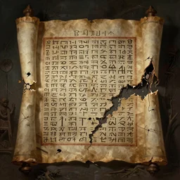ultra - realistic horrifying photo of a partially damaged dead sea scroll in the style of the necronomicon with nabeatean aramaic in sideways columns, dark, brooding, volume lighting, atmospheric lighting, painted, intricate, ultra detailed by dave dorman, jason edminston, bob eggleton, virgil finlay, well composed, best on artstation, cgsociety, epic, stunning, gorgeous, intricate detail, wow, masterpiece