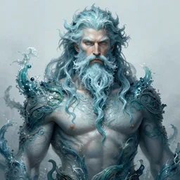 stunning god of sea portrait, beard made of water, muscular, water weed, fantasy, intricate, elegant, highly detailed, digital painting, artstation, concept art, smooth, sharp focus, illustration, art by krenz cushart and artem demura