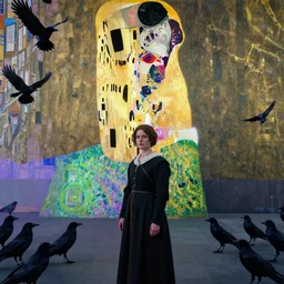 a woman in a medieval city, a lots of crows, hyperrealistic film still by edward hopper, by gottfried helnwein, by klimt, by paolo uccello, by johfra bosschart, art nouveau, highly detailed, strong lights, liminal, eerie, symbolist, bright pastel colors