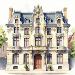 Facade of an art nouveau mansion in Brussels, watercolor illustration, very detailed, whimsical, award winning