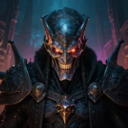 beautiful portrait of necron lord, cheeky smile, glowing eyes, intricate details, colourful, atmospheric light, ominous ancient city on the background, dark fantasy, ultra realistic details, detailed face, artstation, illustration, one character, symmetrical, by arthur adams