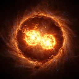 two suns exploding in the middle of a black hole