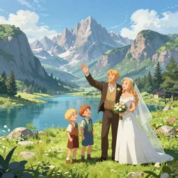 An epic fantasy anime style landscape painting of a Mountainrange and a lake, with A family consisting of a blond man with a beard, a blond wife and two blond boys celebrating a wedding, unreal 5, DAZ, hyperrealistic, octane render, dynamic lighting