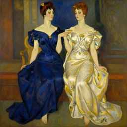 painting of a gemini twins fully clothed in contrasting gowns by tamara de lempicka